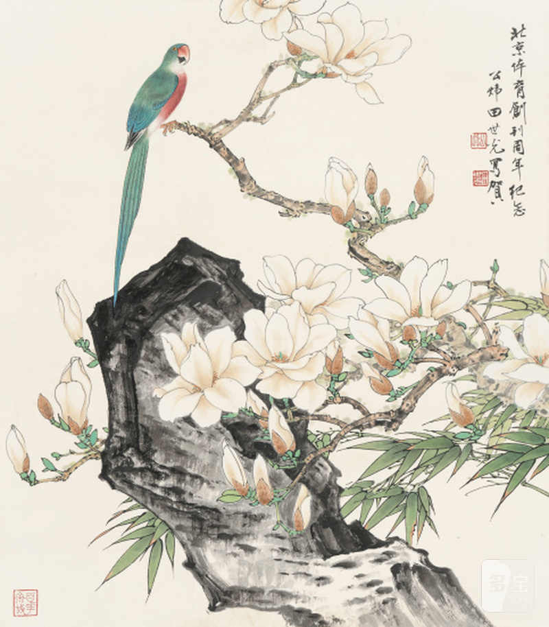 田世光 1916-1999 玉兰鹦鹉 - 图1